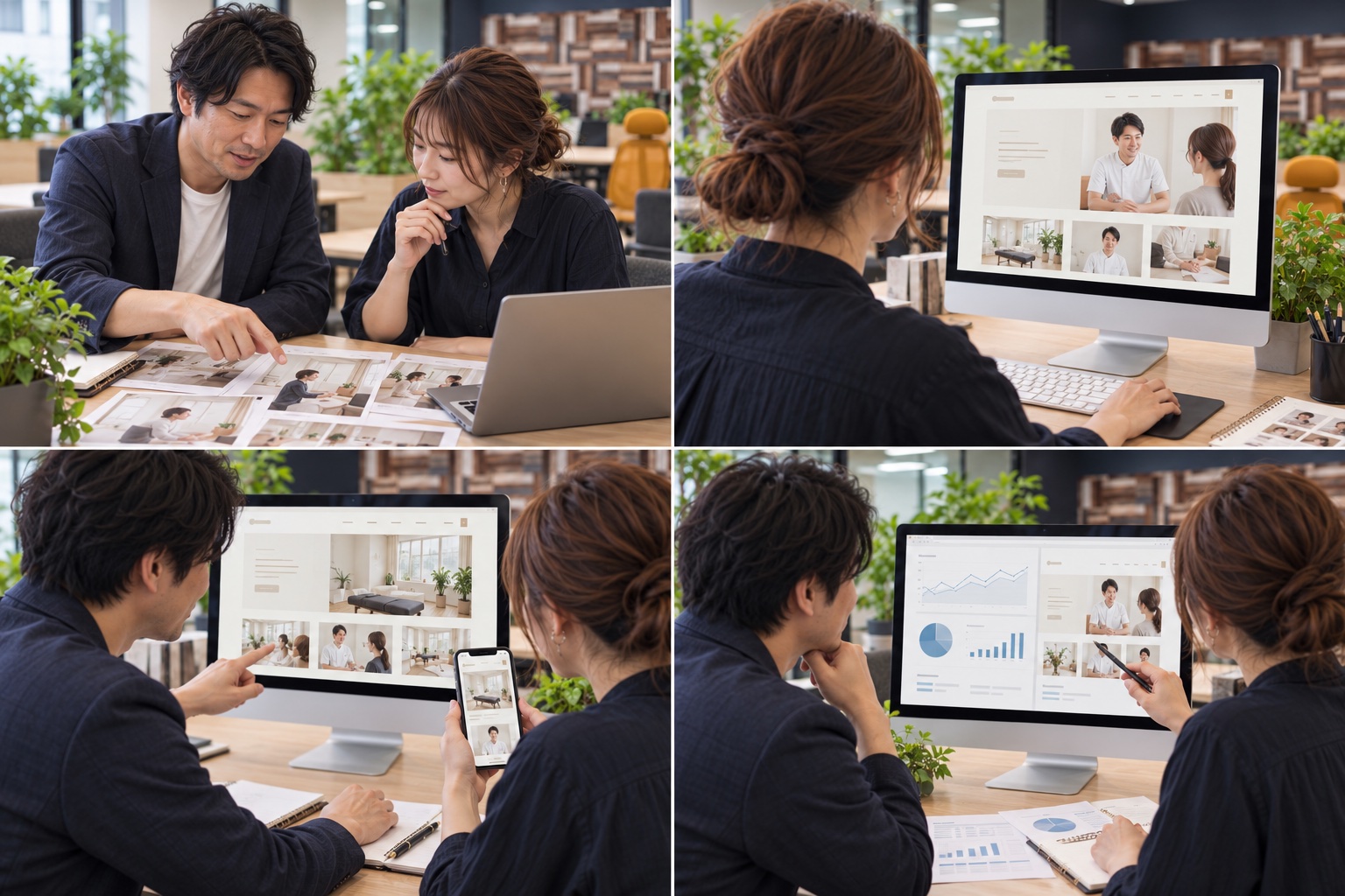 整体院の担当者と制作担当者が写真や資料を見ながら相談するイメージ（AI生成）
