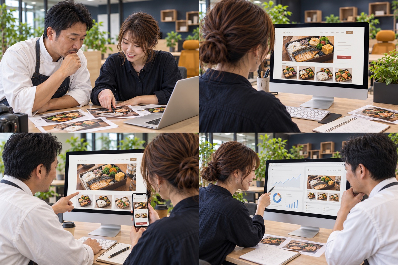 テイクアウト・弁当の担当者と制作担当者が写真や資料を見ながら相談するイメージ（AI生成）