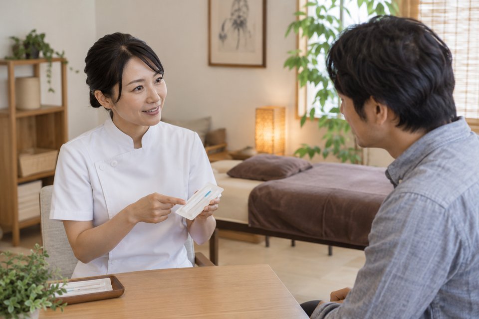 施術前に器具と進め方を説明する鍼灸の担当者（AI生成イメージ）