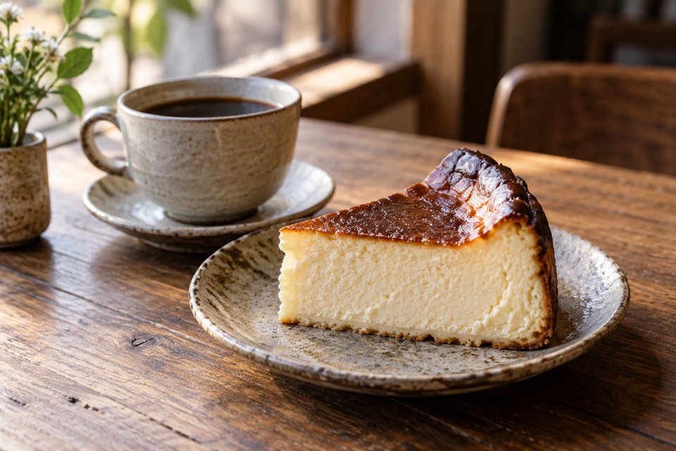 焼き色と断面が分かるチーズケーキとコーヒー（AI生成イメージ）