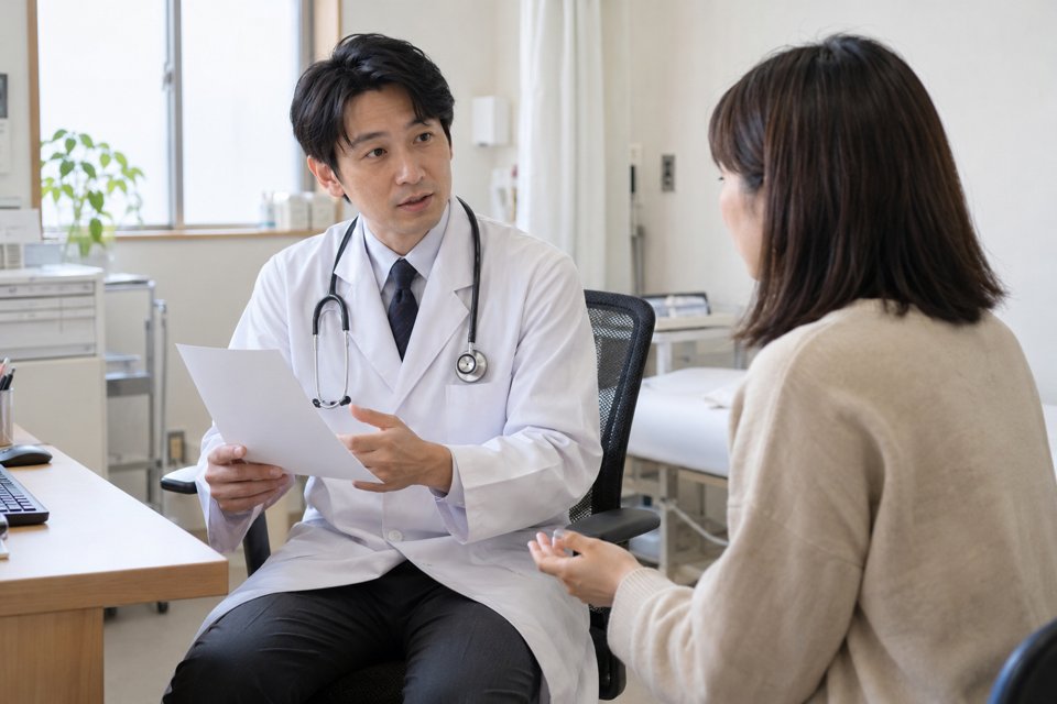 資料を使って患者に説明する医師（AI生成イメージ）
