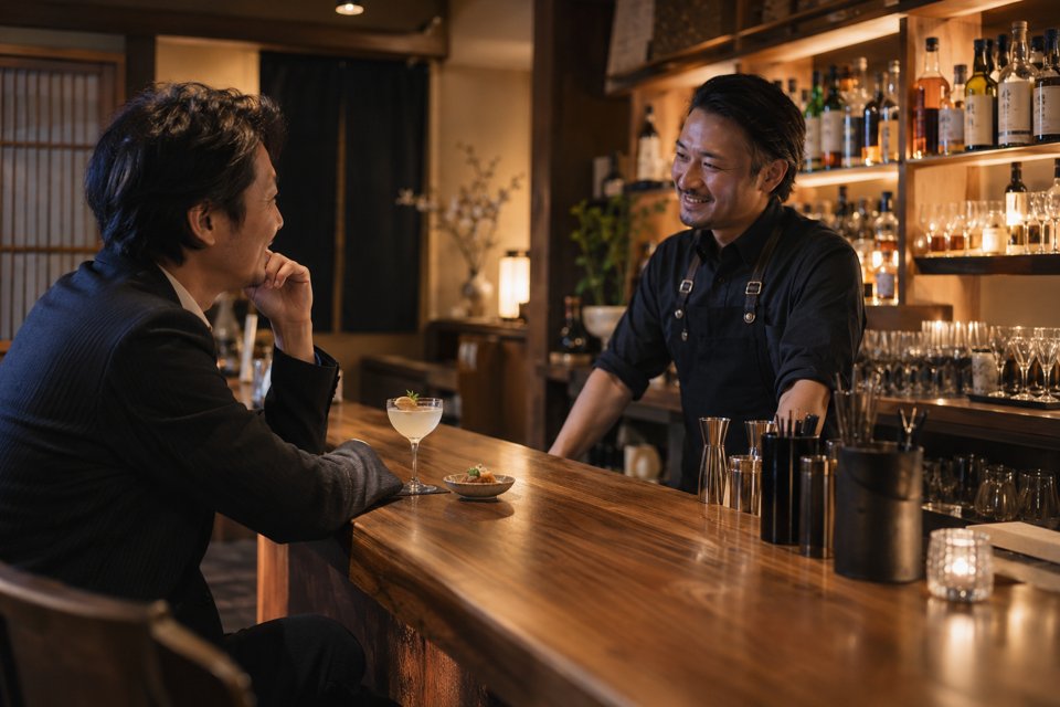 一人客の好みを聞くバーのスタッフ（AI生成イメージ）