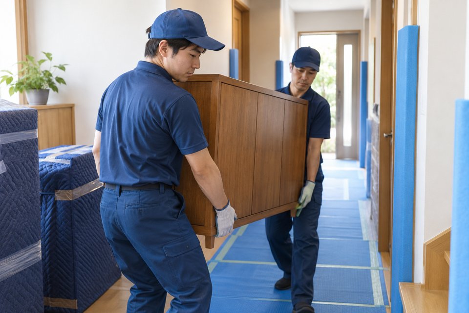 家具と廊下を保護して搬入する引越しスタッフ（AI生成イメージ）