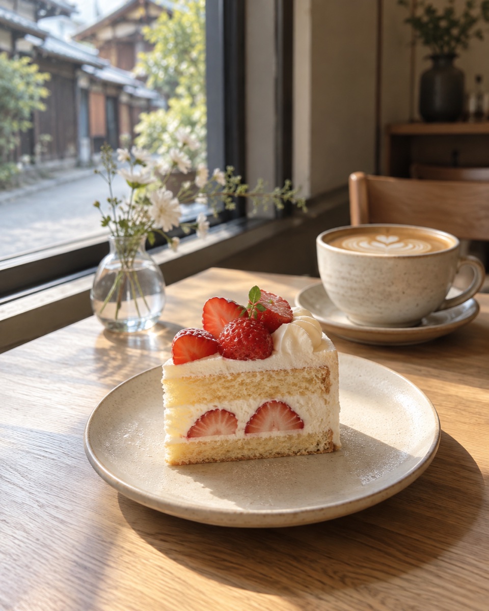 窓辺のテーブルに並ぶいちごのケーキとラテ