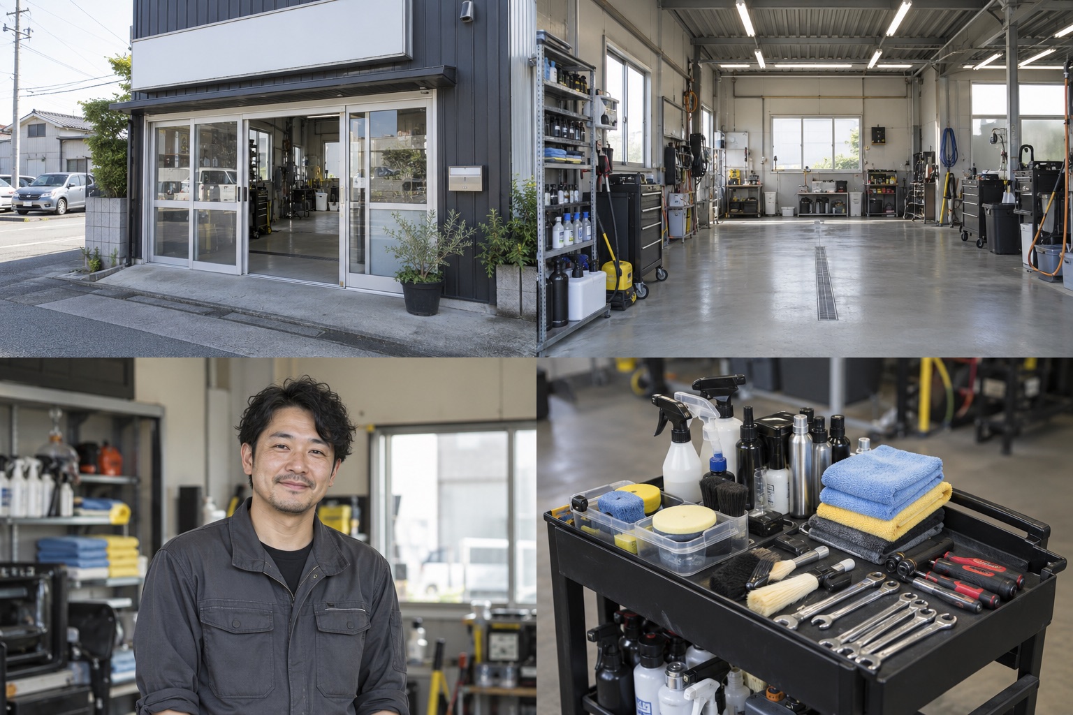 自動車整備・コーティングの外観・入口の撮影見本(AI生成)
