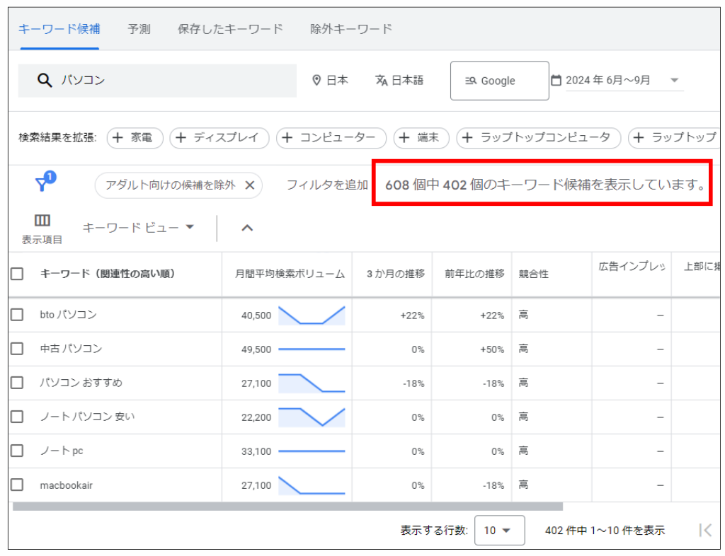 キーワードプランナーで不要キーワードを除外する方法②