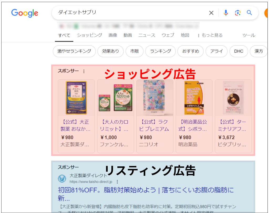ショッピング広告とリスティング広告画像の比較