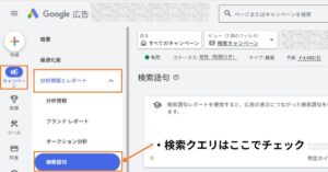 Google広告の管理画面：無駄なクリックを排除するための「検索クエリ（検索語句レポート）」を確認するメニューの場所